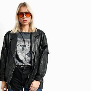 Veste en cuir vintage des années 80 noir pour femme | Blouson rétro en cuir véritable | Veste boutonnée grunge années 90 | Taille Petit S