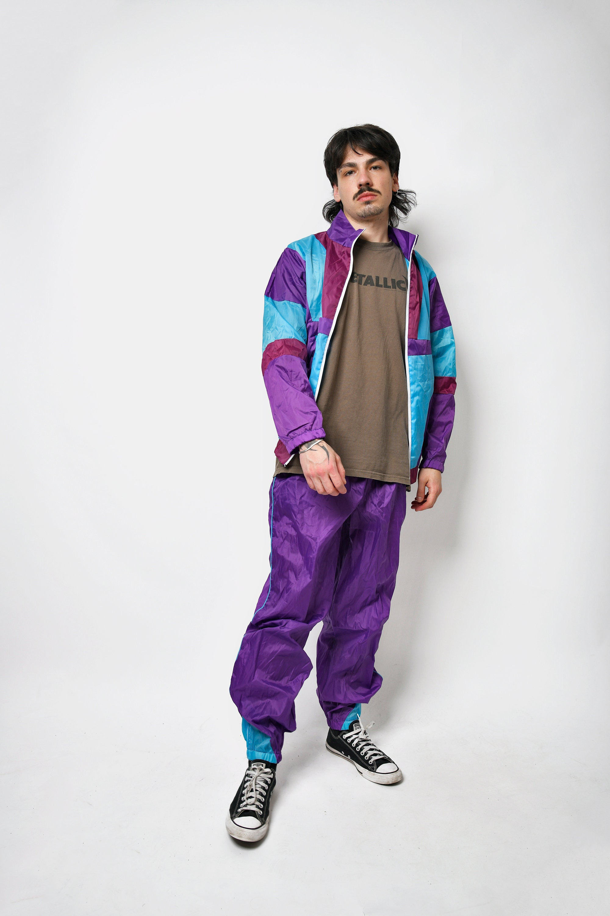Vintage 90s Tracksuit Set Mens Purple Blue Multi Colour Block