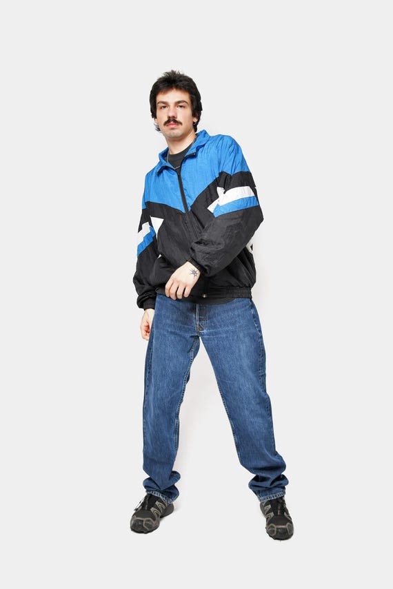 90s Vintage Nylon Jacket Mens Black Blue White Colour Block | Old