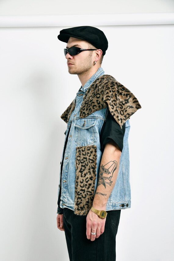 80s vintage denim vest leopard print fur men | Me… - image 5