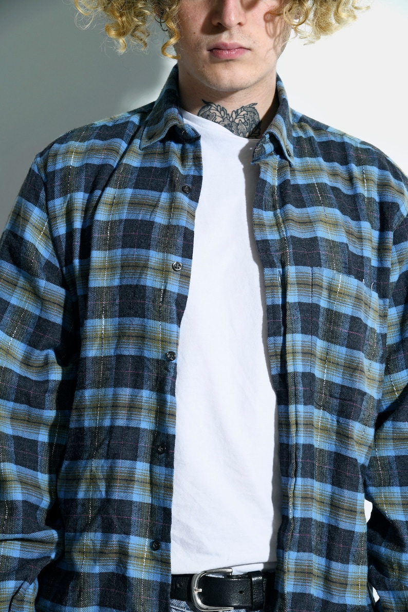 90s Flannel Plaid Shirt Men Blue Multi Retro Checked Long - Etsy