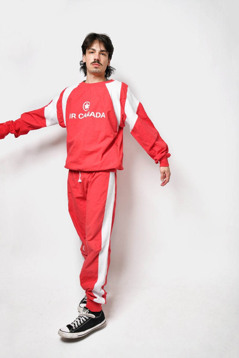 Vintage sweatsuit set red with Canadian Airline Air Canada logo print 80s 90s sport loungewear Old School retro tracksuit men Large L image 1