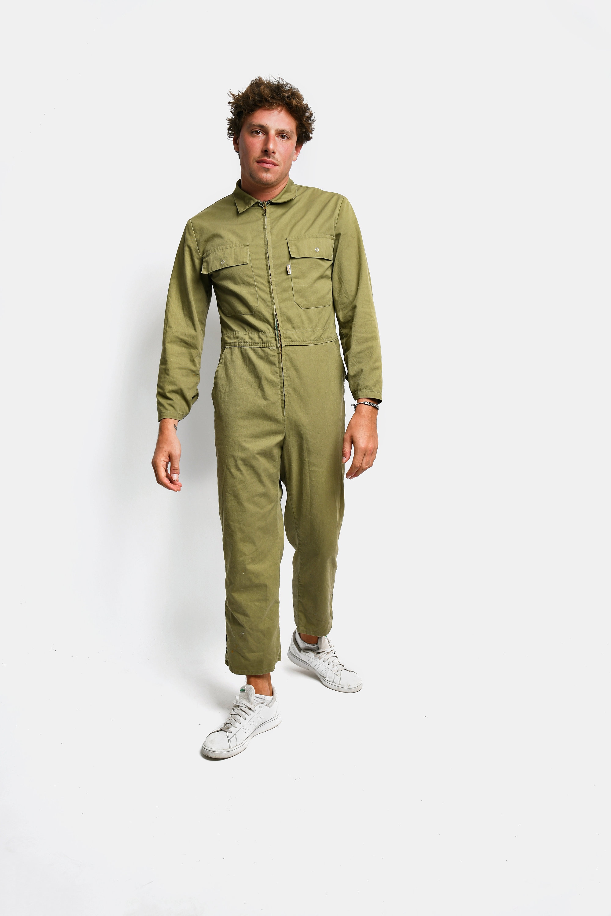 Vintage Work Coverall Boilersuit Men Khaki Green Long Sleeve Retro