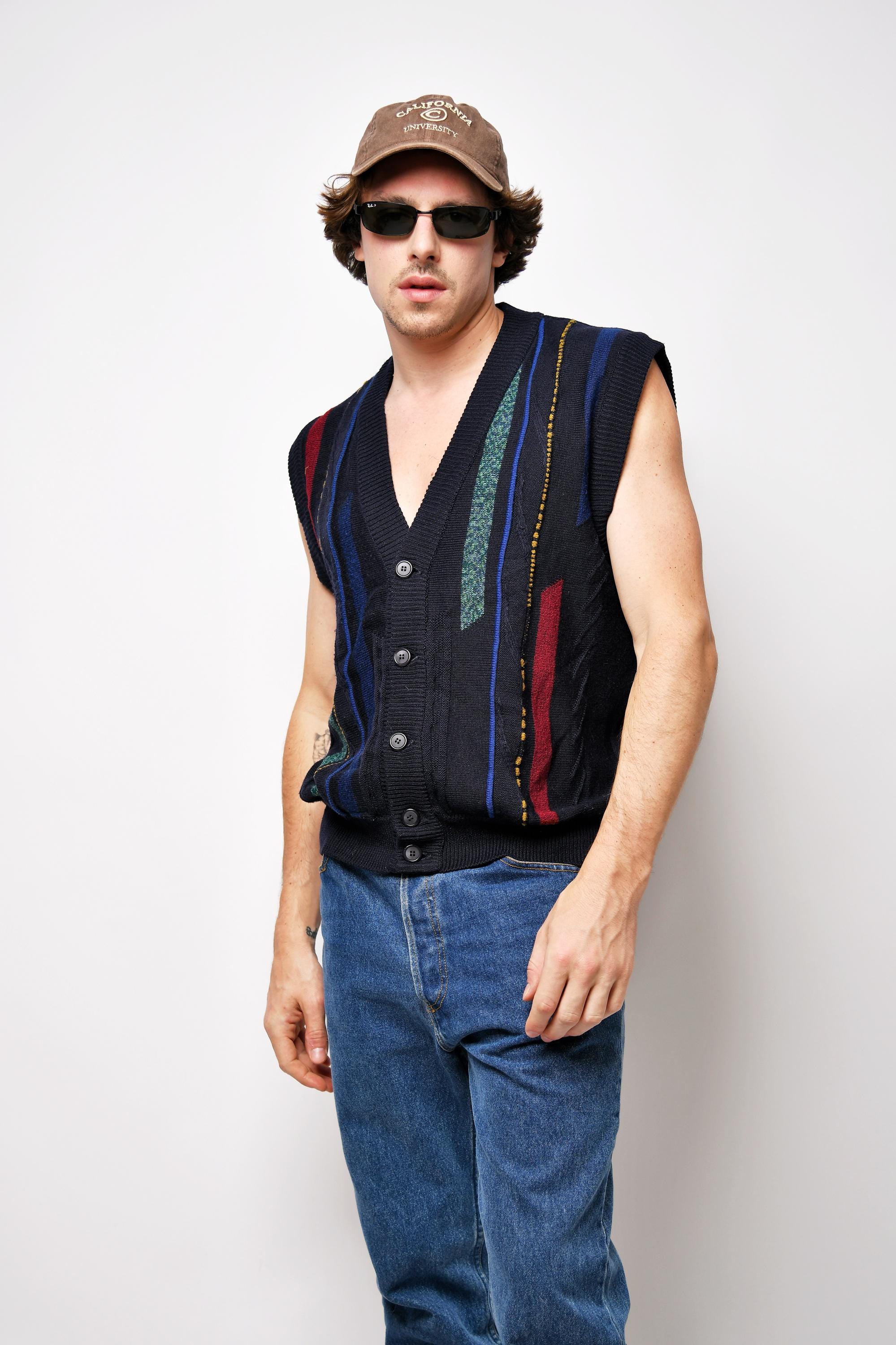 Vintage 90s sweater vest mens navy blue | Multi coloured retro 80s knit knitted cardigan jumper | Button up abstract semi wool gilet | Large