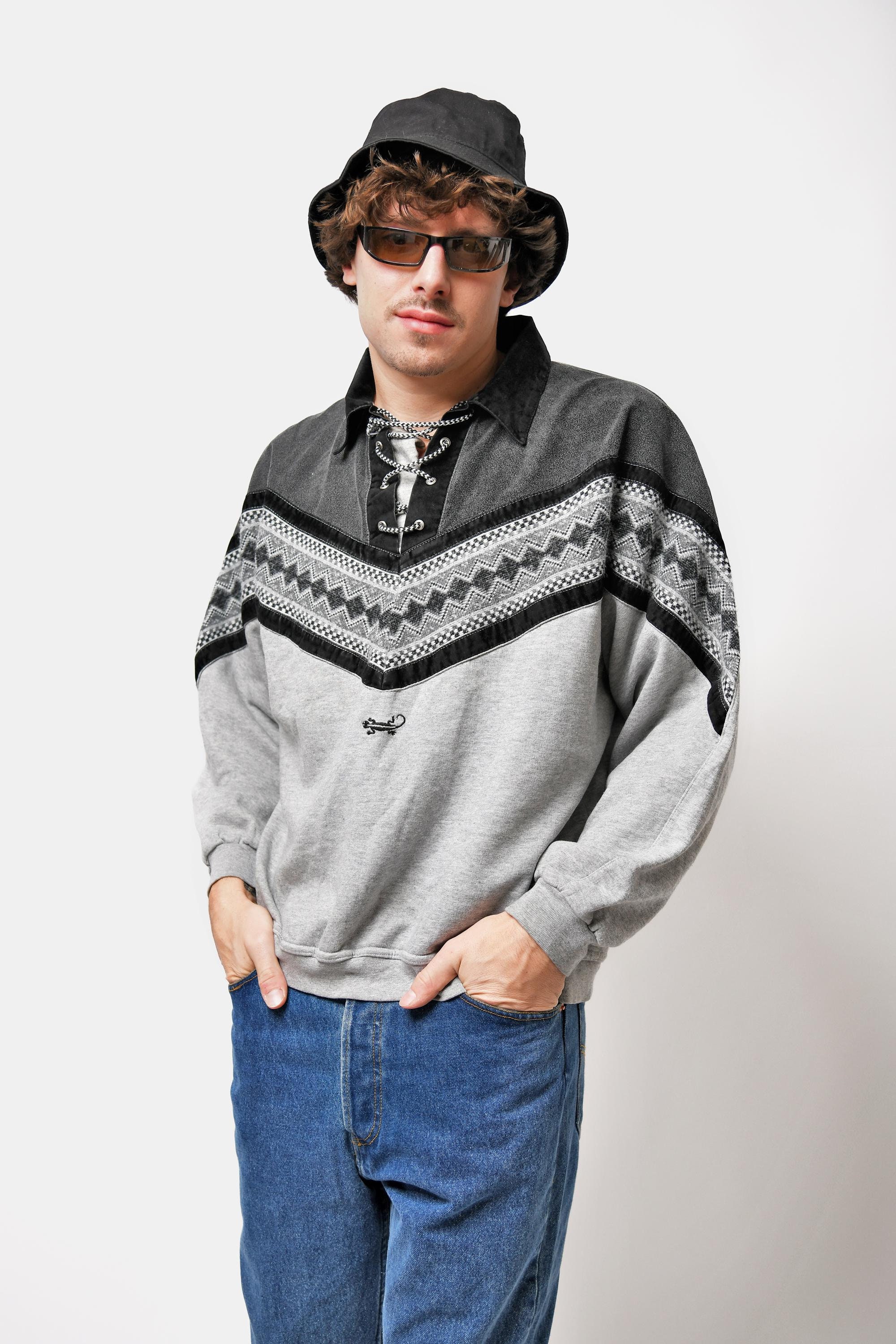 Vintage Lace up Sweatshirt in Grey Colour | Retro Mens Long Sleeve