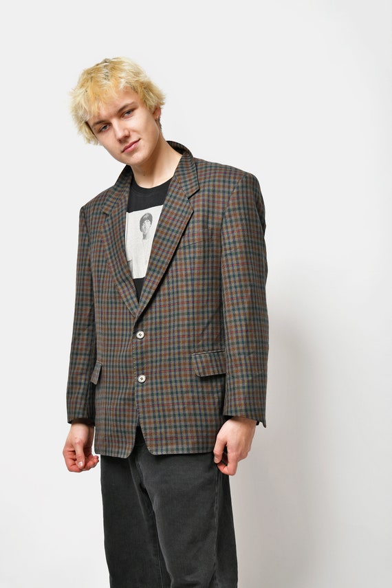 Vintage 80s Wool Blazer Multi Coloured Brown Men's | Plaid