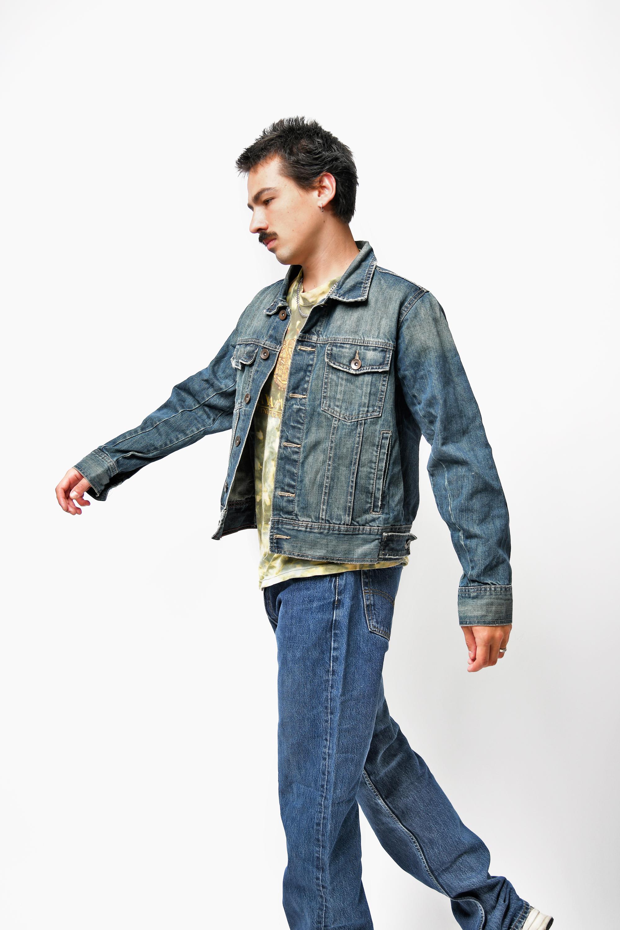 Men's 90s Bleached Vintage Denim Jacket Dark Wash Green Blue | Y2K