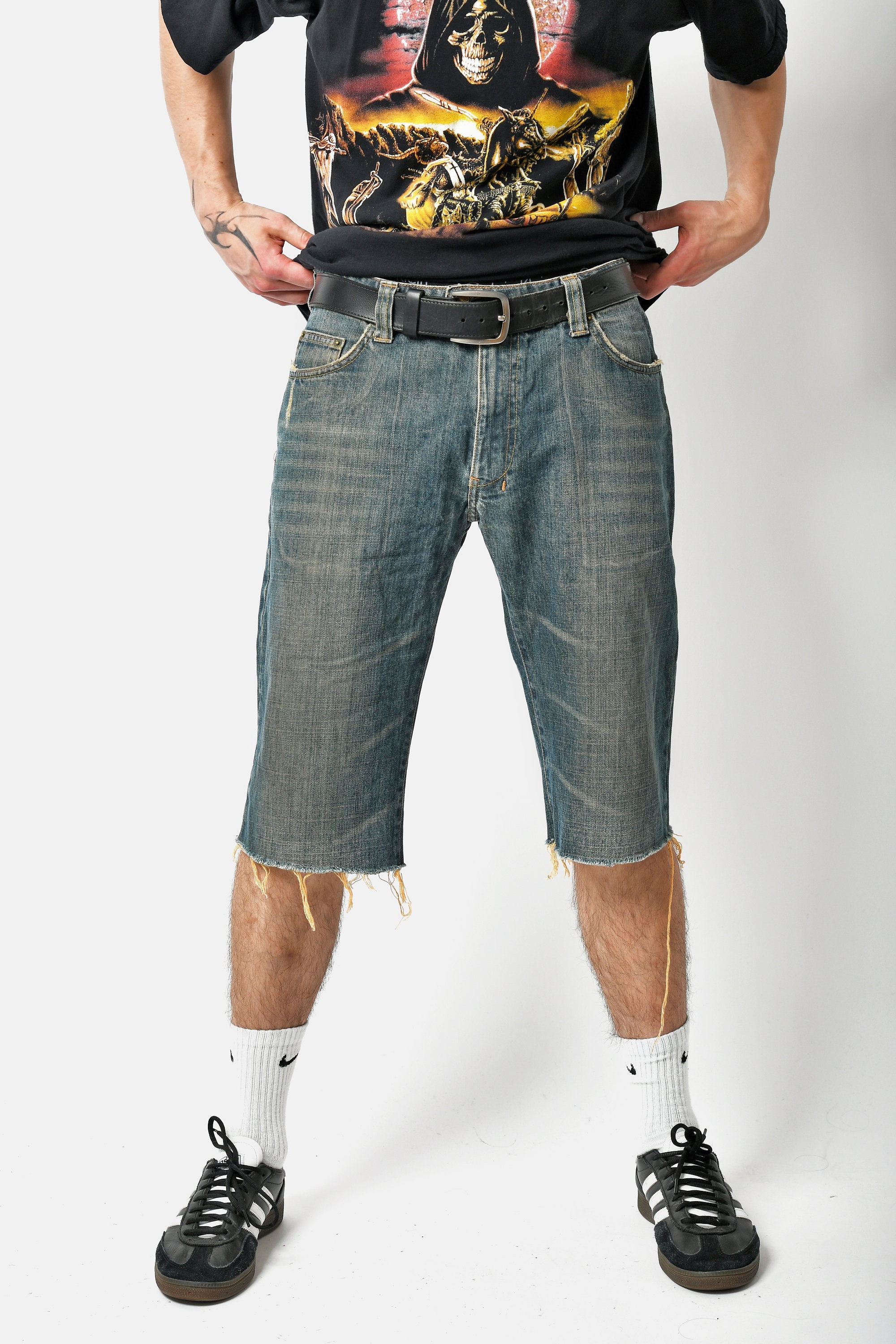 Vintage 90s Cut off Denim Shorts | Skater Long Length in Dark Wash