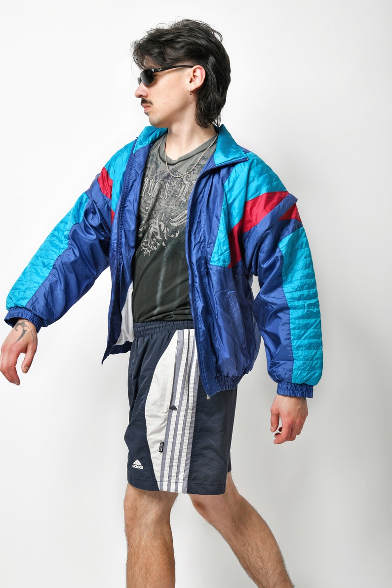 80s retro jacket blue multi colour block Vintage track shell suit top Detachable sleeves nylon sport athletic 90s windbreaker Medium M image 3