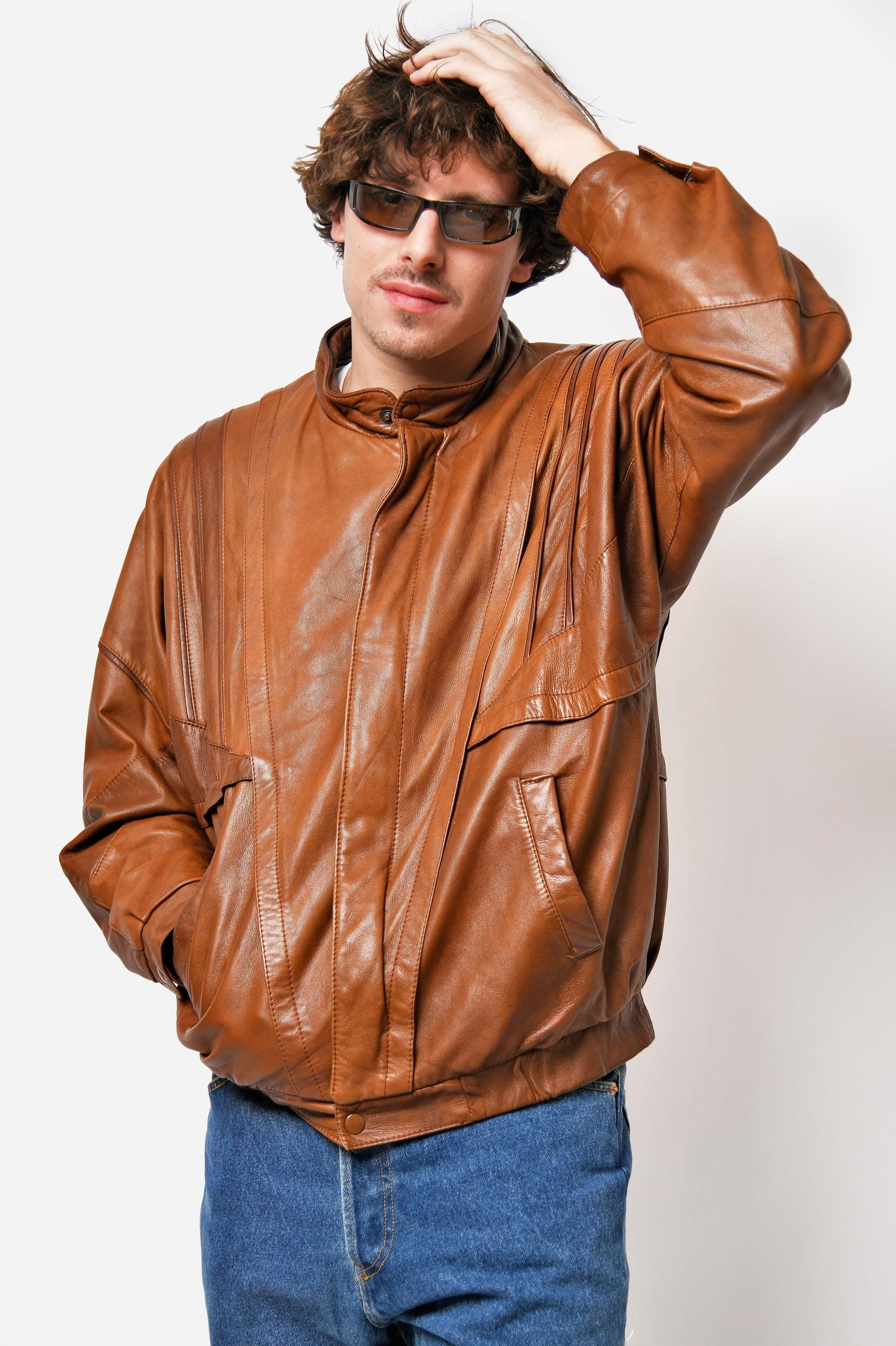 Vintage 90's Leather Jacket Men's Brown | 80s Retro Aviator Flight