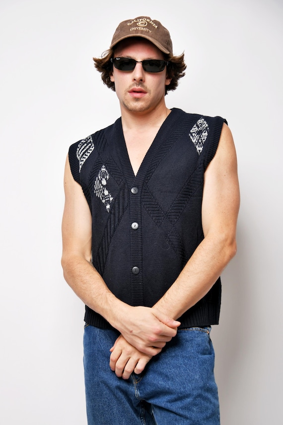 Vintage 90s Sweater Vest Mens Navy Blue | Retro Knit Knitted