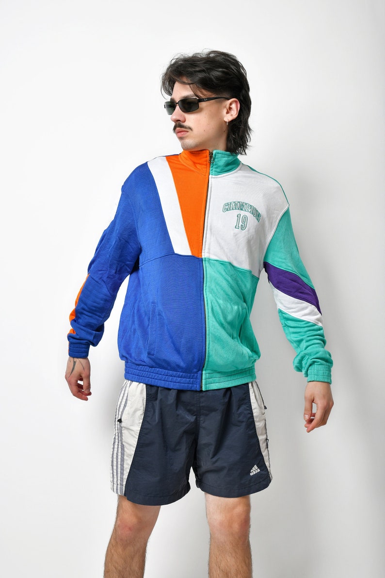 90s style CHAMPION jacket multi colour block men's Full zip up tracksuit top track sport rave bold vibrant jacket Medium M size image 1