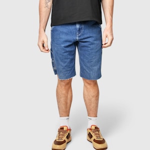 90s LEE skater long length denim jorts | Vintage dark wash blue jeans men&#39;s shorts | Hip Hop Old School style summer shorts | M 32 size