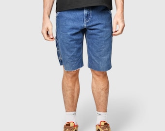 90s LEE skater long length denim jorts | Vintage dark wash blue jeans men's shorts | Hip Hop Old School style summer shorts | M 32 size