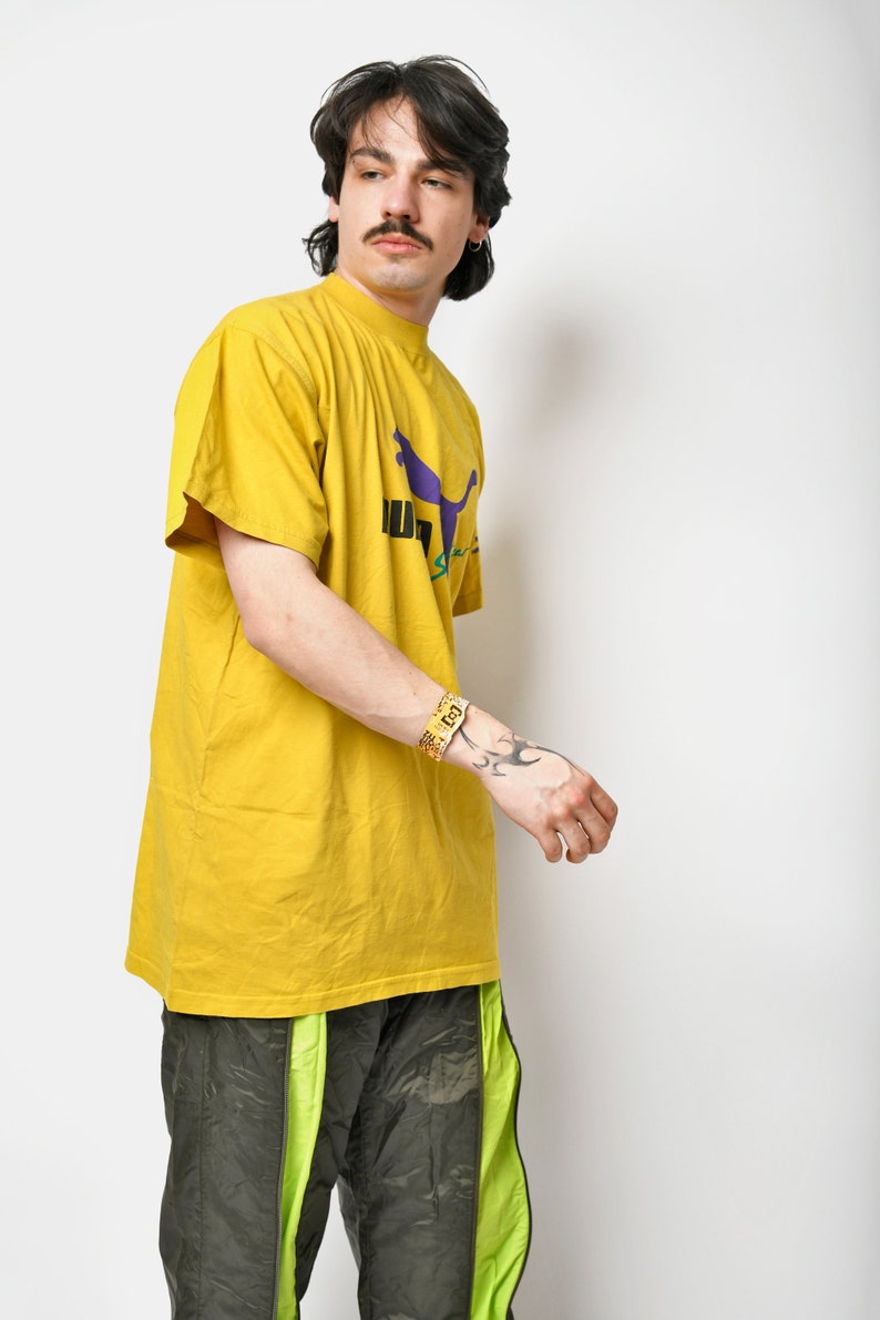 PUMA vintage t-shirt in yellow for men | 90s retro Old School tee | 1990s vintage sports shirt man | Active streetwear men's | XL/XXL size image 6