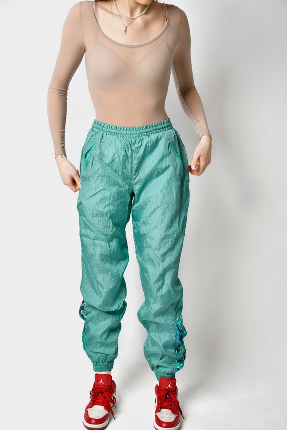 Vintage Wind Joggers Green Colour 90s Retro Nylon Sport Trousers