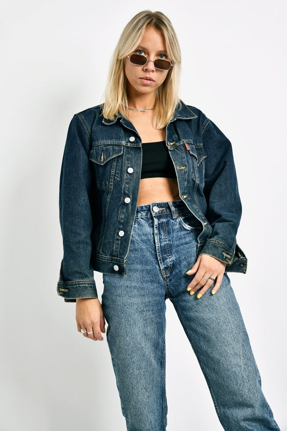 Vintage Blue Black Chain Tassel Denim Jacket Coat Women Loose Short Cowboy  Outerwear Long Sleeve Big Pocket Jeans Jackets Female