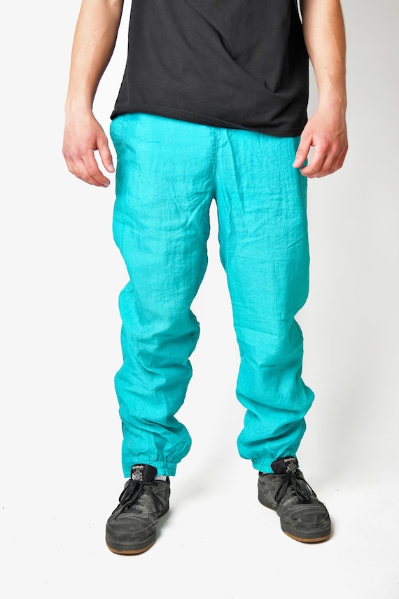 80s Vintage Nylon Windbreaker Pants for Him 90s Blue Teal Shell