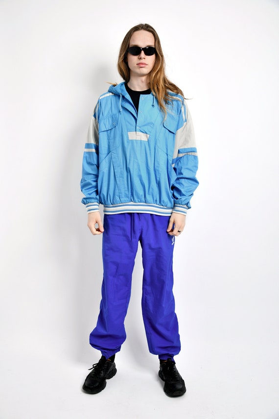 Retro 80s Windbreaker Mens Sky Blue Colour | Vintage Anorak Hooded 1/2 Half Zip Jacket | 90s 80s Rave Shell Wind Pullover | Large L/XL Size