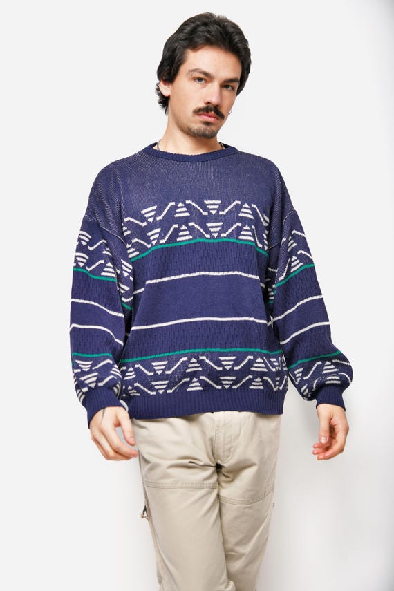 90s Vintage Abstract Sweater Mens Navy Blue Multi Coloured | Retro