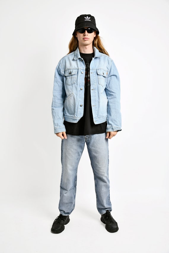 Vintage denim jacket for men | 90s Y2K vintage light blue wash jean jacket | 2000s trucker grunge jacket men's outerwear | Size - XL