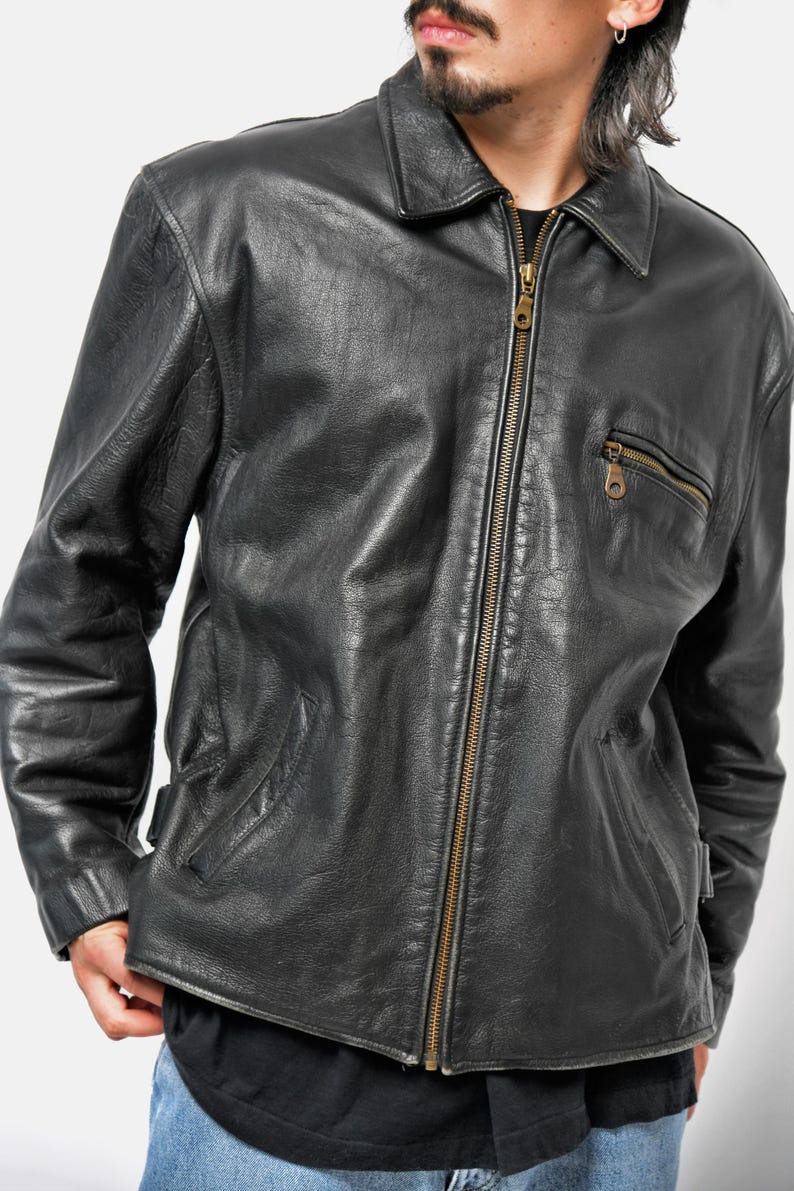 Vintage black real leather men's heavy jacket.