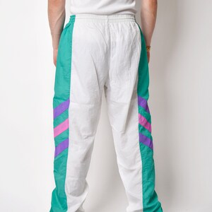 Vintage 90s joggers white multi colour men's 80s sport shell pants Old School wind trouser for men Small/Medium size image 4