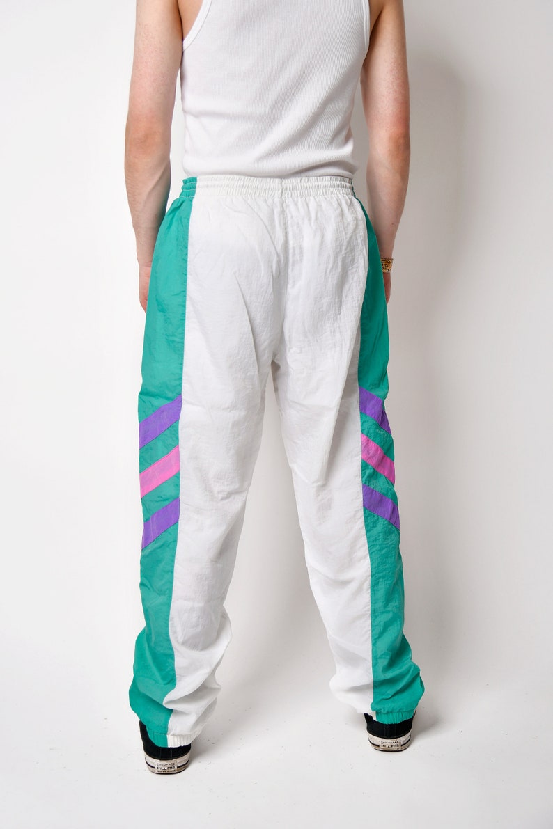 Vintage 90s joggers white multi colour men's 80s sport shell pants Old School wind trouser for men Small/Medium size image 4