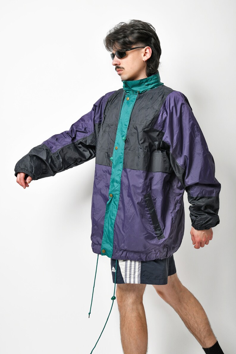 Vintage lightweight windbreaker green purple men Retro 80s hooded light jacket 90s festival rave fall shell wind rain coat Large size image 6