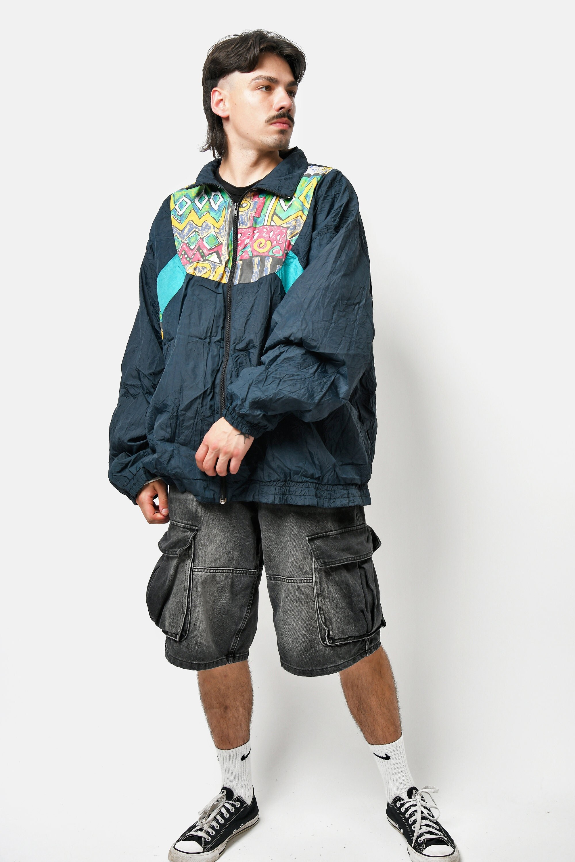 90s Vintage Jacket Dark Navy Blue Multi Colour | Retro