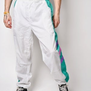 Vintage 90s joggers white multi colour men's 80s sport shell pants Old School wind trouser for men Small/Medium size image 2