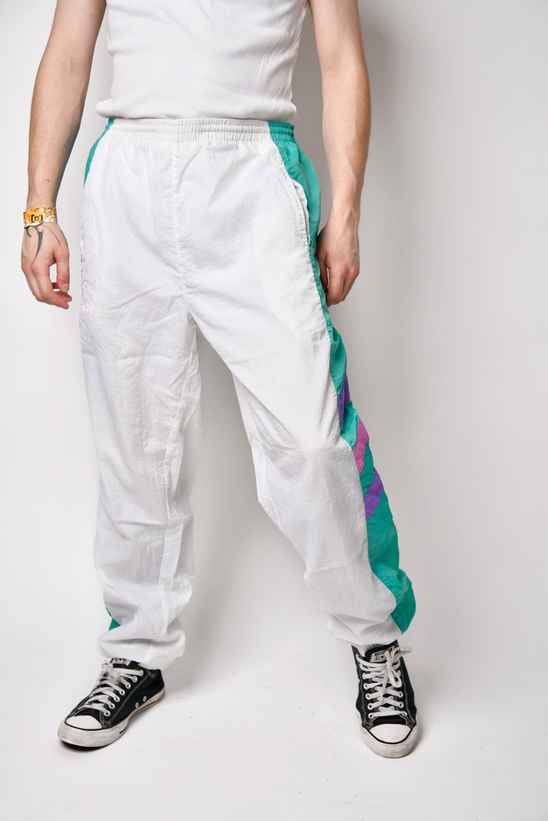 Vintage 90s joggers white multi colour men's 80s sport shell pants Old School wind trouser for men Small/Medium size image 2