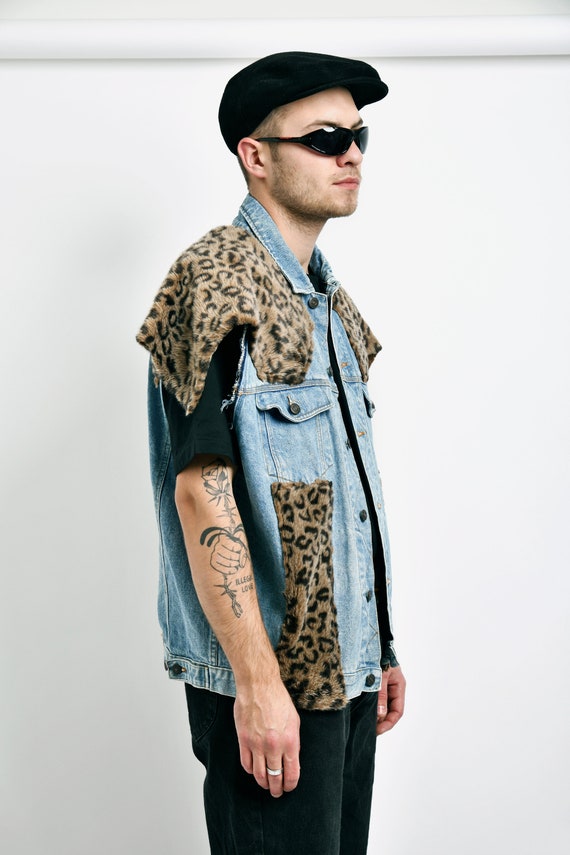 80s vintage denim vest leopard print fur men | Me… - image 3
