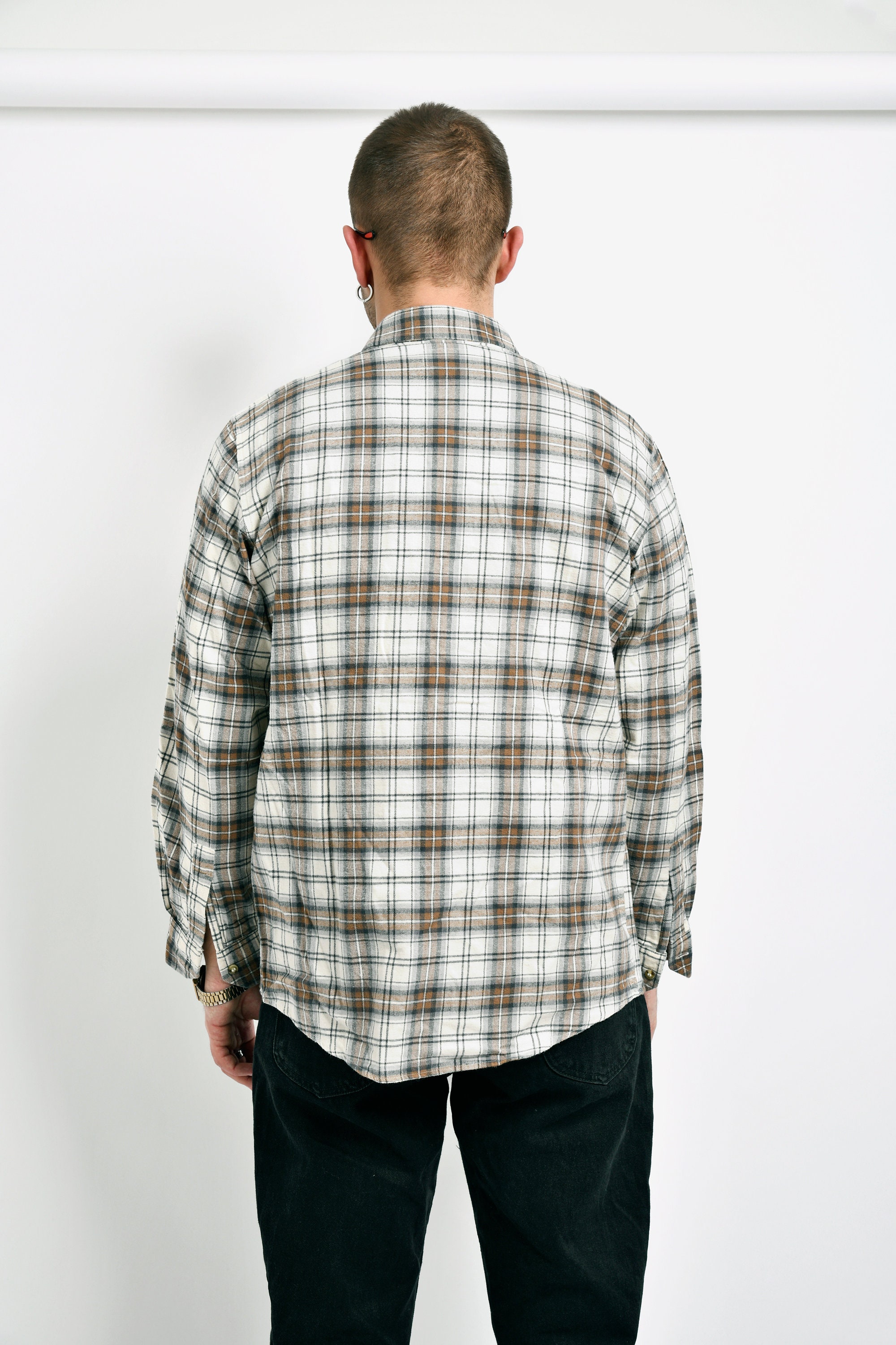 Vintage Plaid Flannel Shirt Mens Brown Beige Checked Long - Etsy