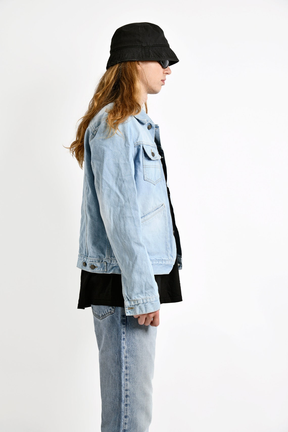 Vintage denim jacket for men | 90s Y2K vintage light blue wash jean jacket | 2000s trucker grunge jacket men's outerwear | Size - XL, foto 4 di 5