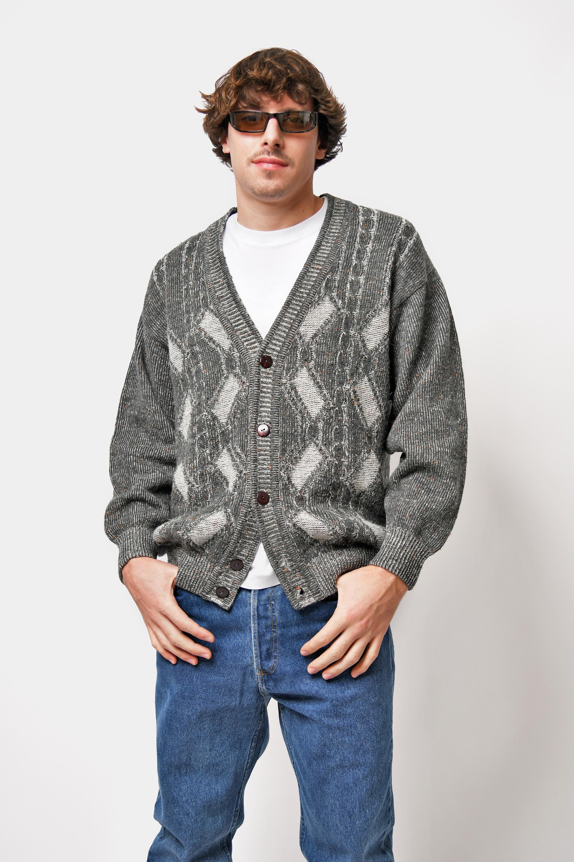 Vintage Grey Argyle Knit Cardigan Sweater | 80s 90s Boho V-neck