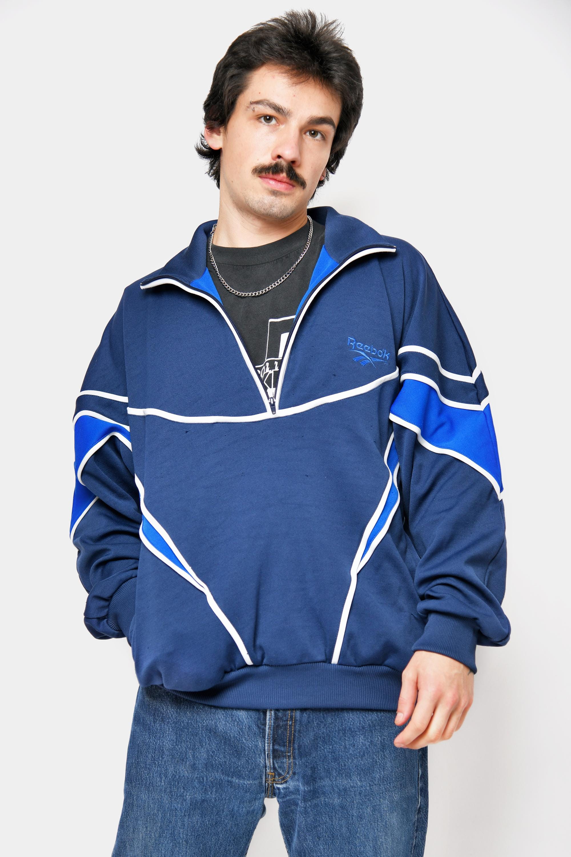 Reebok 80s Vintage Pullover Sweater Blue Colour Mens | Retro 1/2