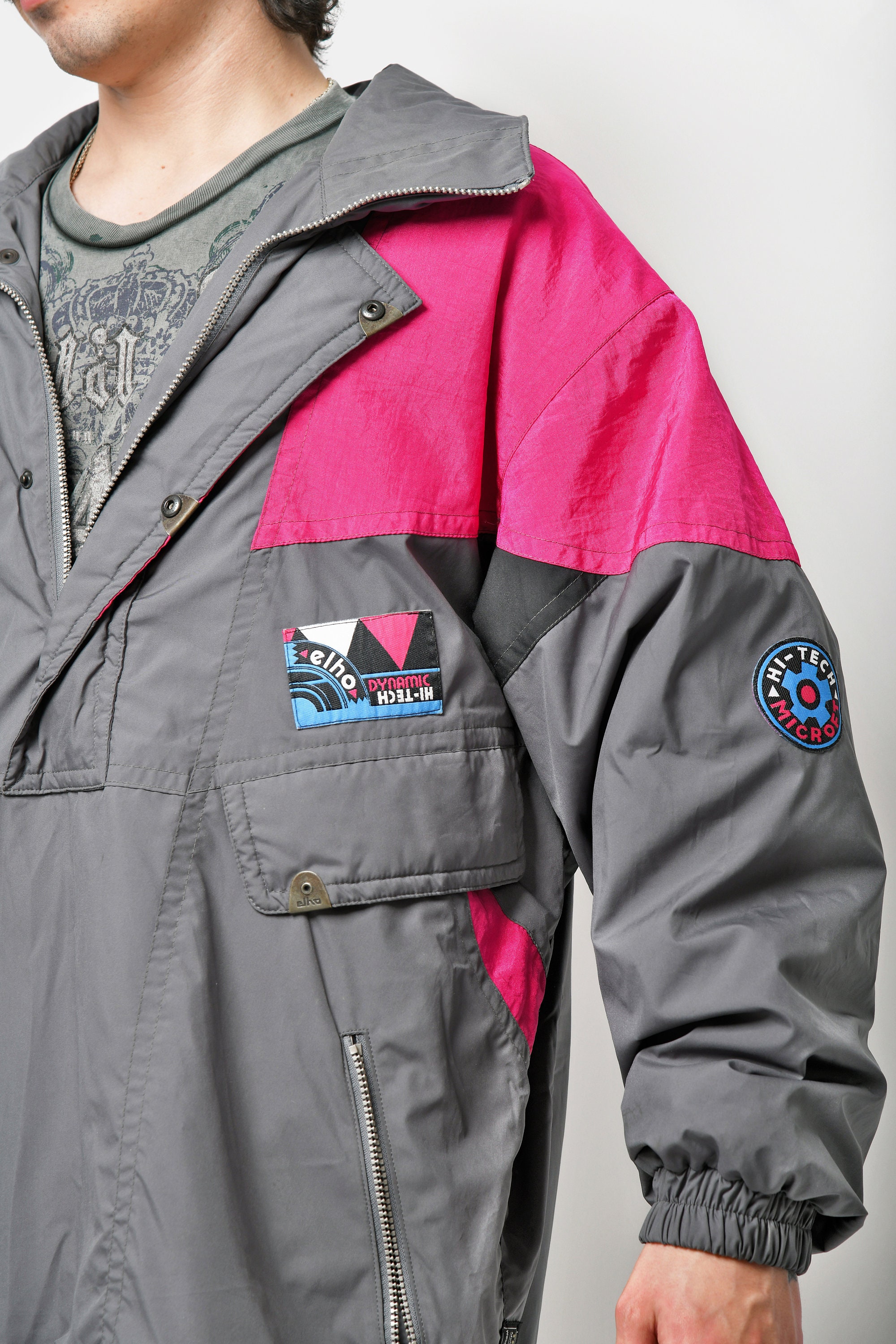 Retro 90s Windbreaker Jacket in Grey Pink Colour Mens