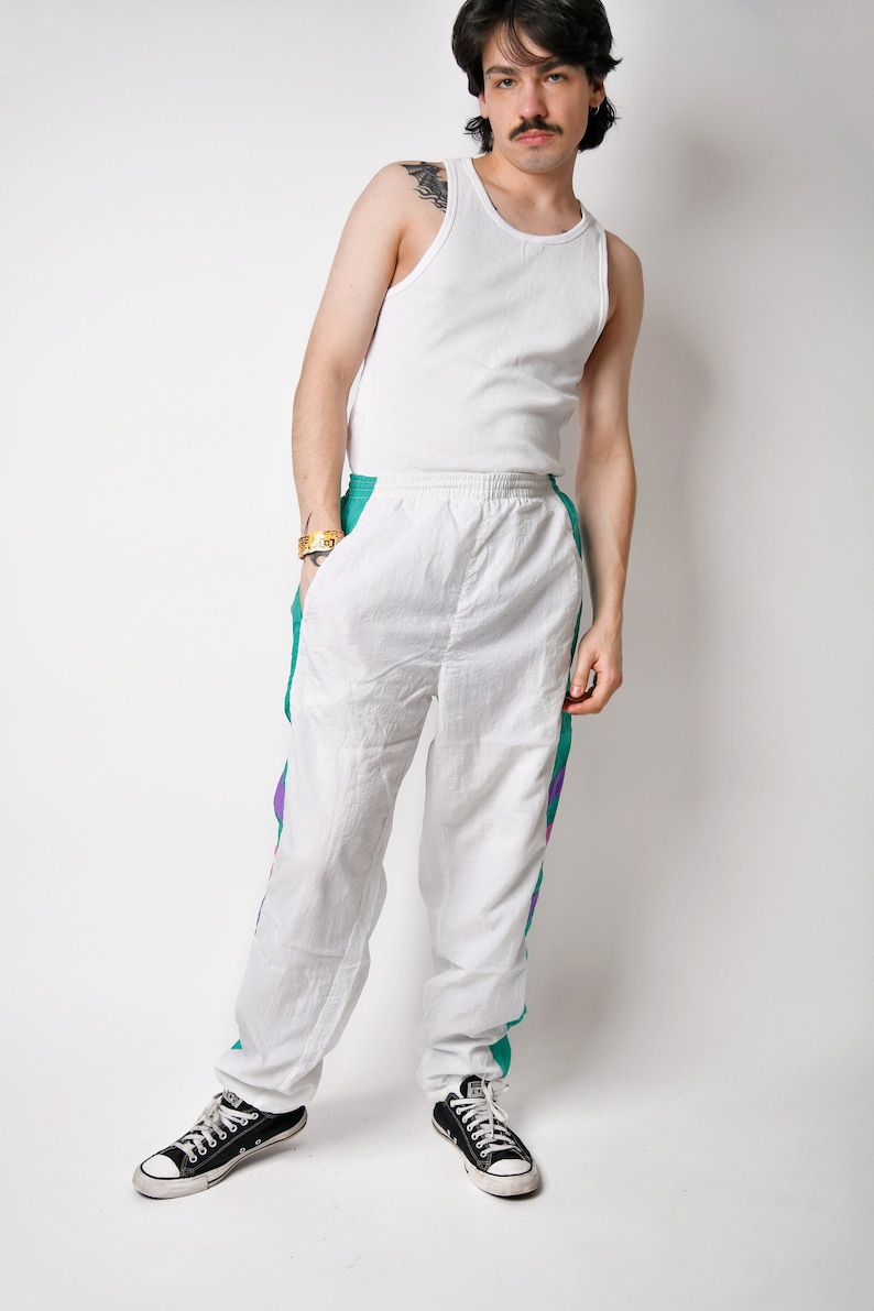 Vintage 90s joggers white multi colour men's 80s sport shell pants Old School wind trouser for men Small/Medium size image 1