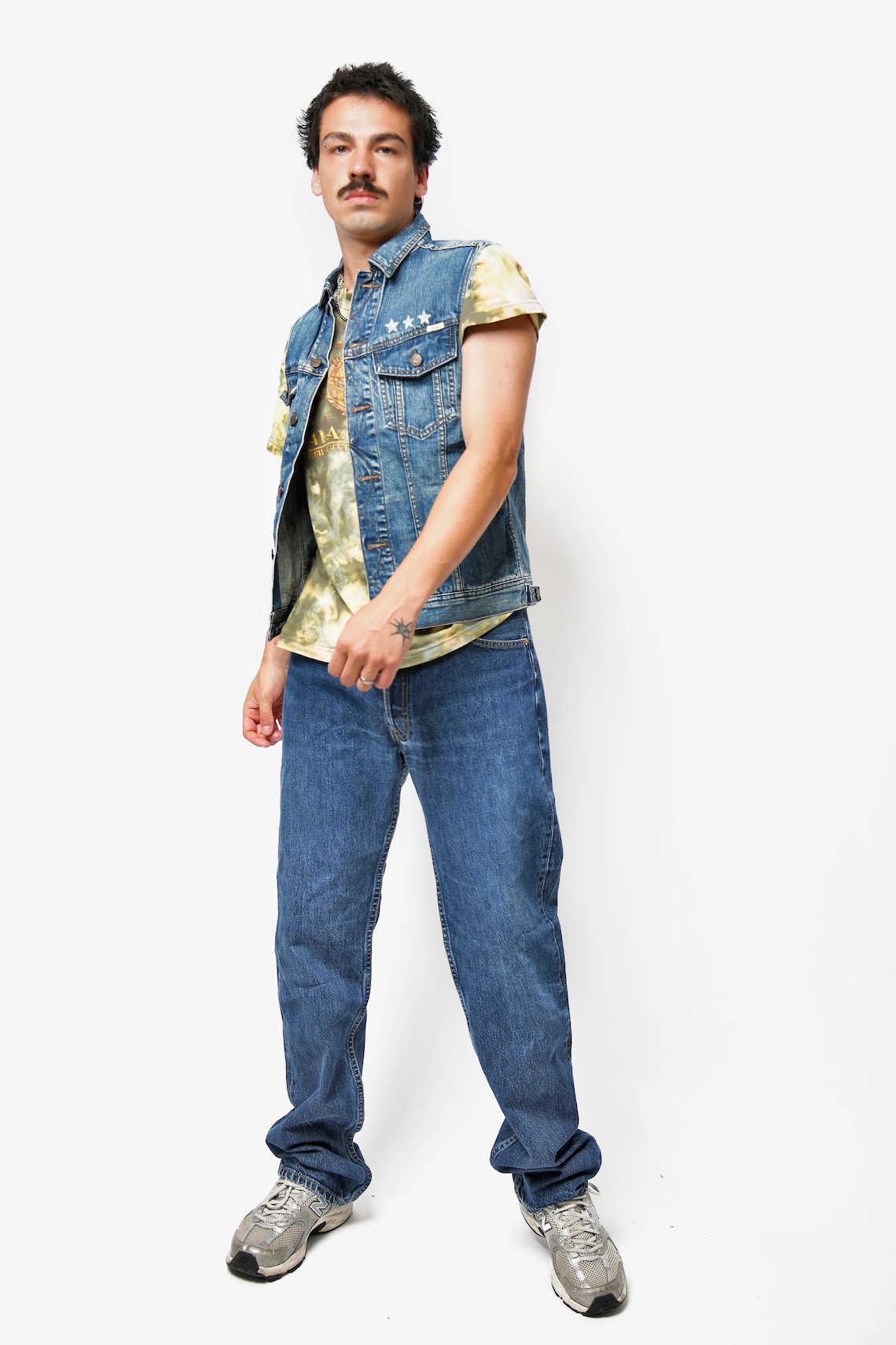 Vintage Denim Jacket Men Sleeveless | USA Flag Back, Medium Wash, Size S, foto 2 di 5