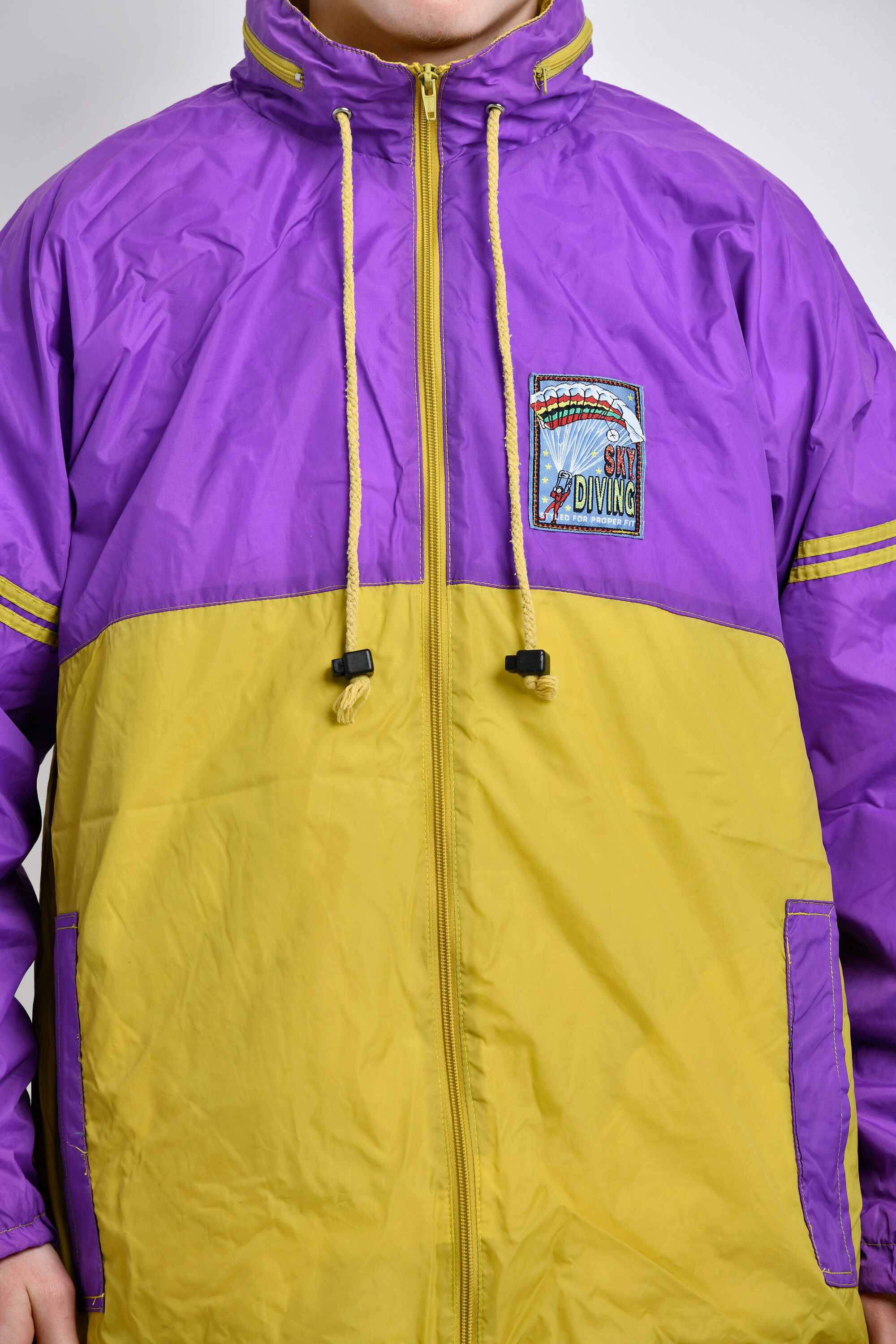90s Retro Lightweight Windbreaker Purple Yellow | Hooded Oversized Jacket Unisex | Vintage Multi Colour Block Festival 80s Rain Coat Medium