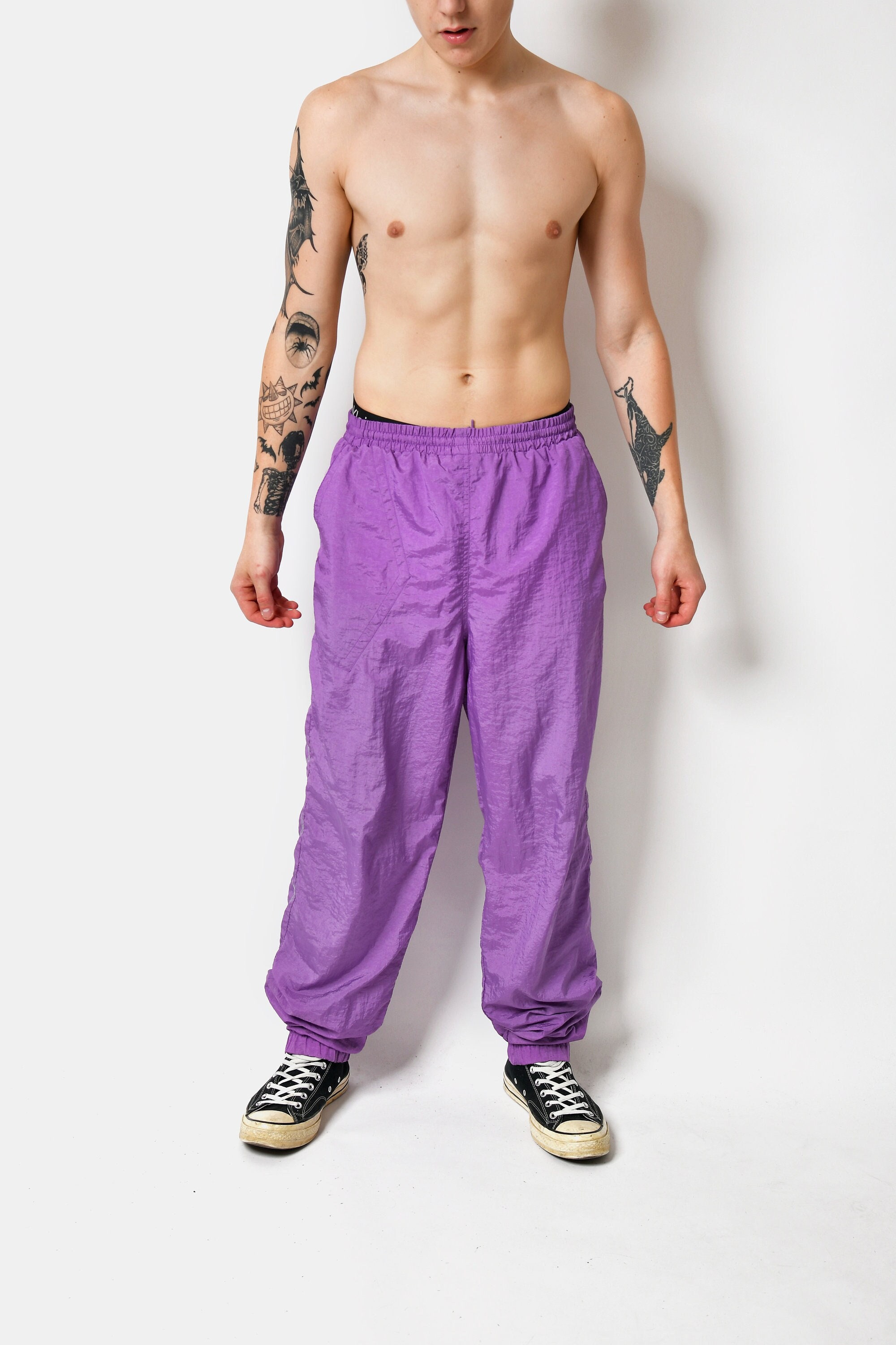 Men's Sports Street Wear Nylon Track Pants Purple Side Stripe