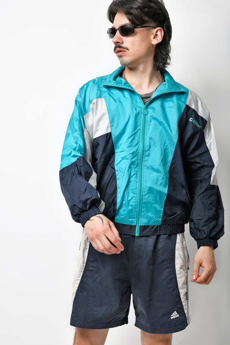90s vintage sport windbreaker blue colour Men's lightweight sport shell jacket Athletic zip up wind 80s outerwear top coat Medium M image 2