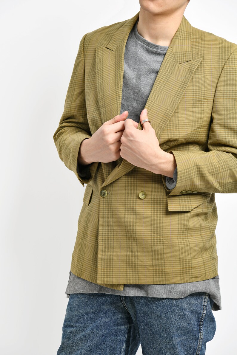 Vintage 80s blazer brown mens jacket Checkered plaid preppy unisex 90s fashion retro classic casual semi wool coat Medium M size image 3