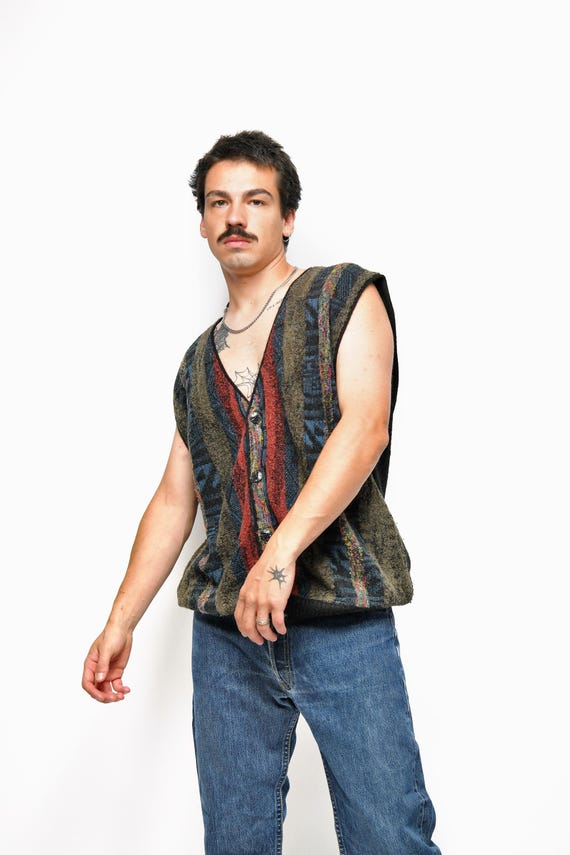 Vintage 90s Sweater Vest Mens Multi Coloured Retro 80s Knit