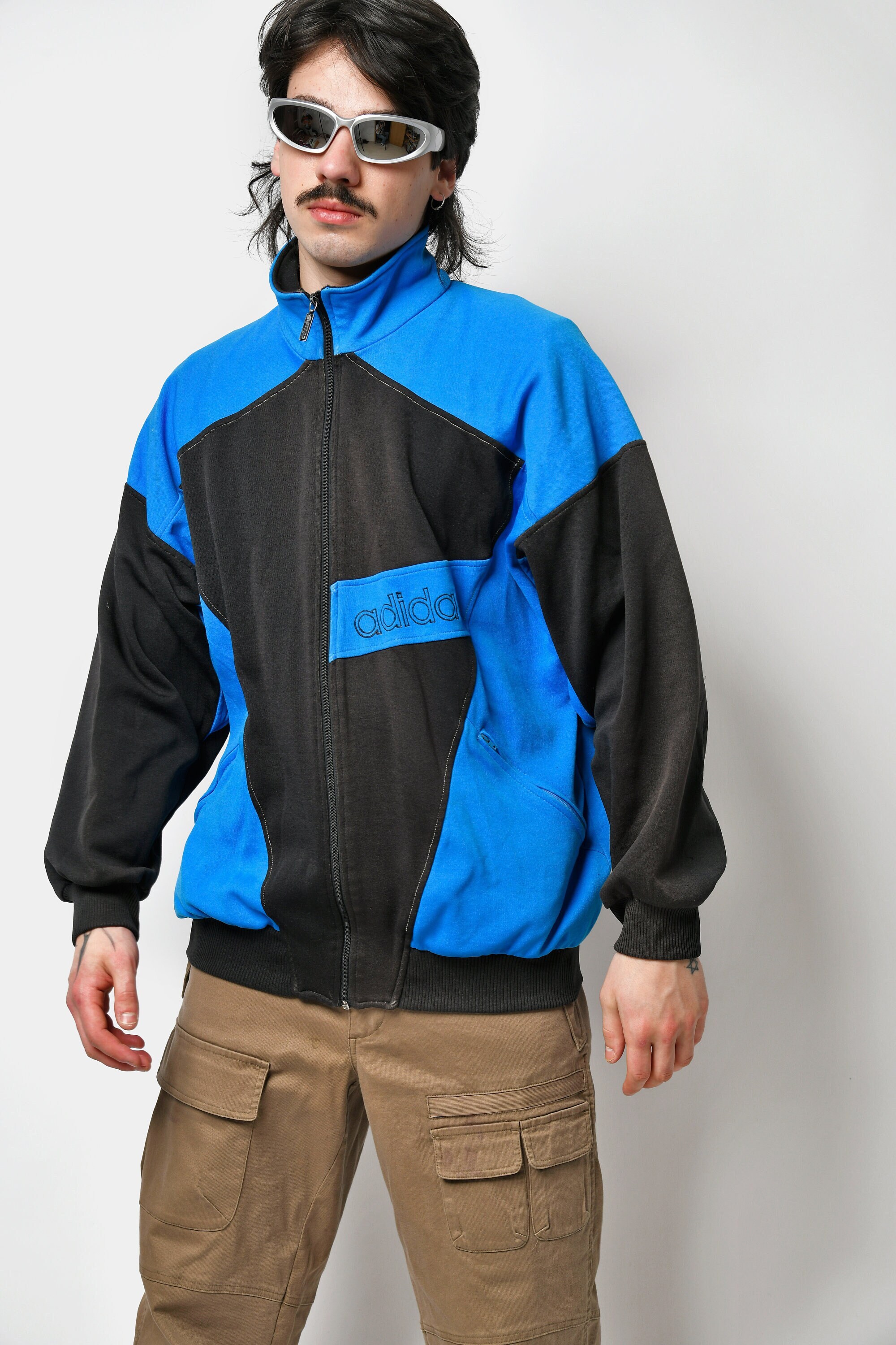 Old School 80s ADIDAS track jacket men blue black colour | 90's style  vintage retro full zip jacket active athletic jumper | Large L size