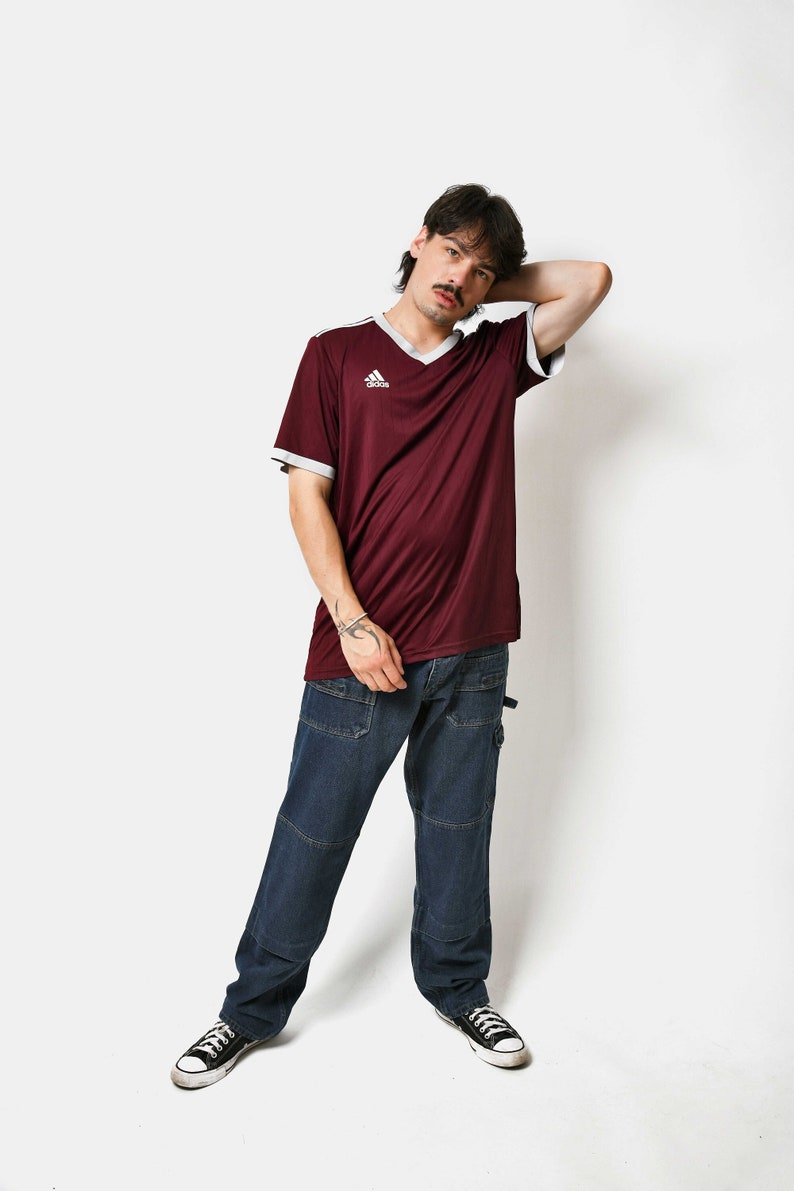 Y2K ADIDAS v-neck sports shirt for men in maroon red colour.