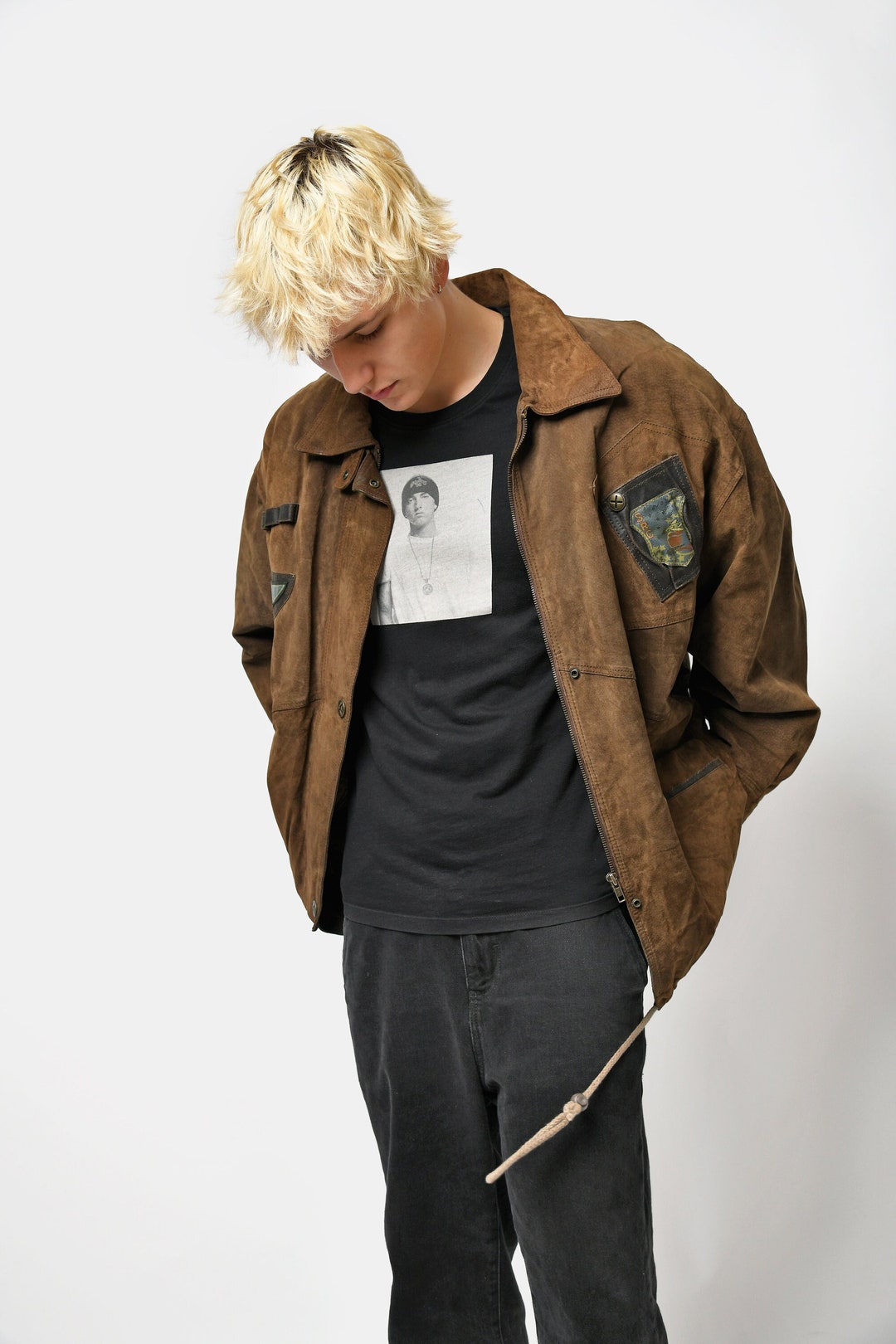 90s Suede Unisex Bomber Jacket|  Brown Minimalist Jacket S-L