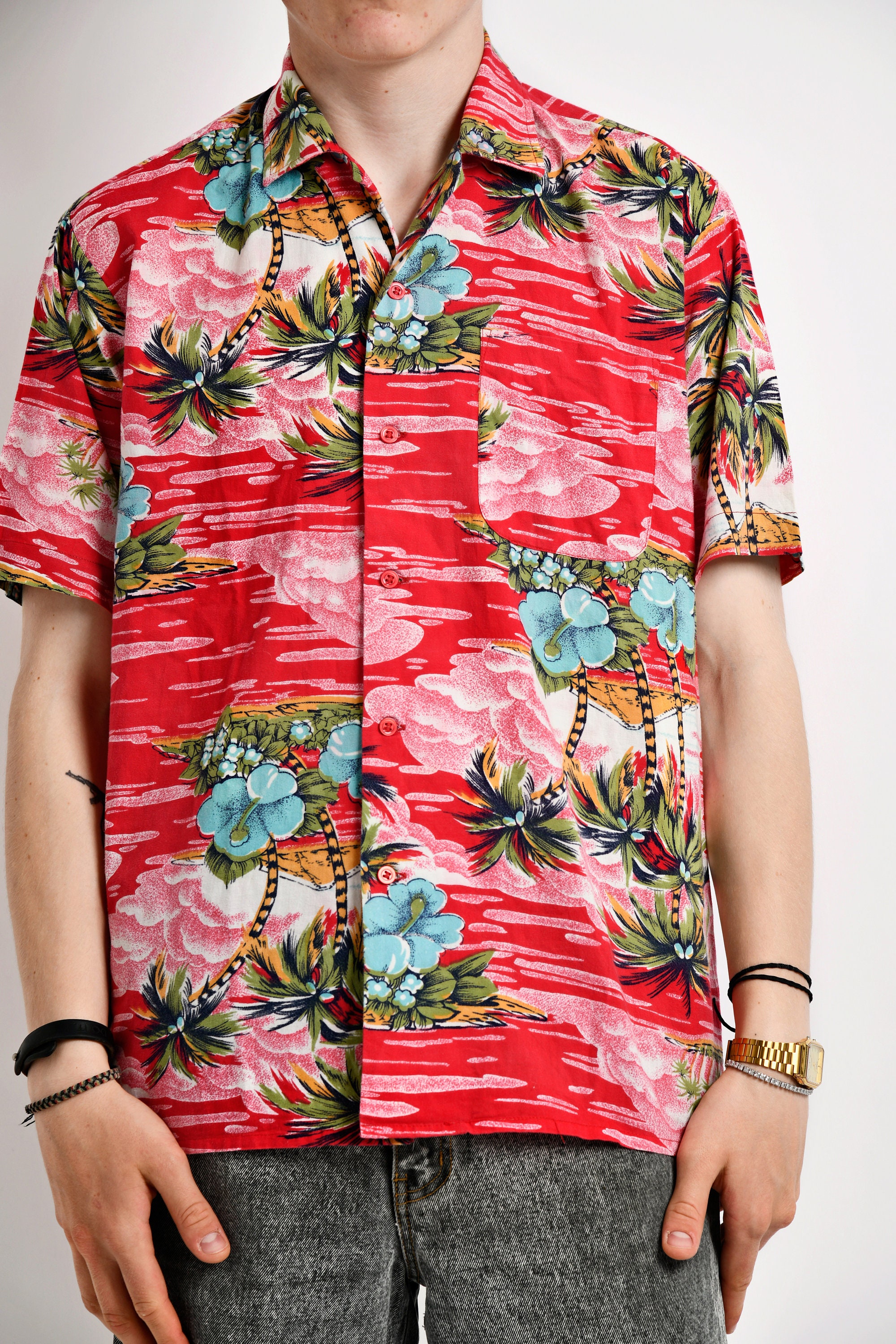 Camisa hawaiana vintage hombre roja 90s moda colorida - Etsy México