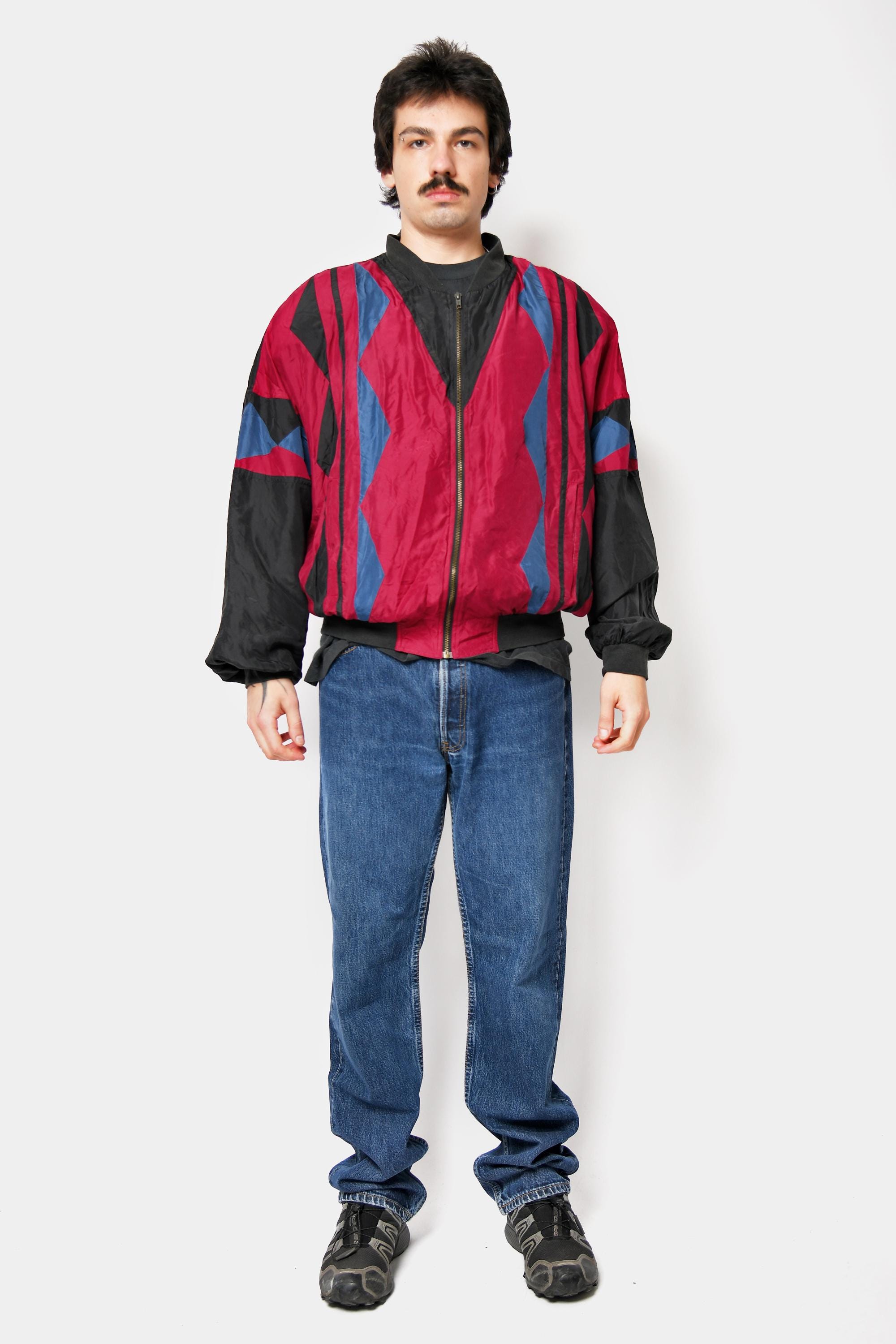Retro Raver Vintage 80s Noble Silk Bomber Jacket Red Multi Colour Block | Raver ...
